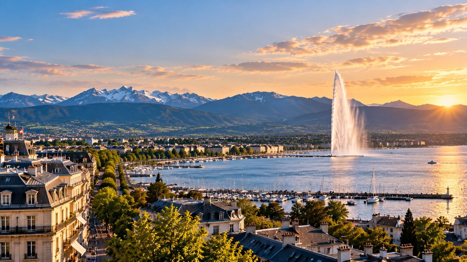La rade de Genève et le Jet d’eau au coucher du soleil