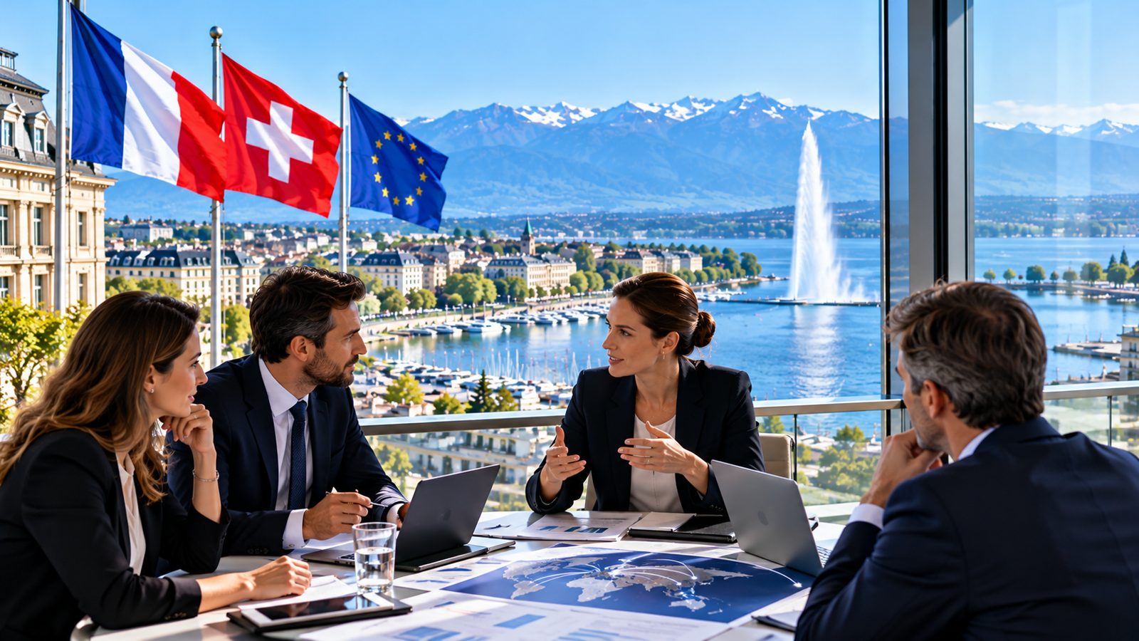 Réunion d’affaires à Genève devant les drapeaux français, suisse et européen